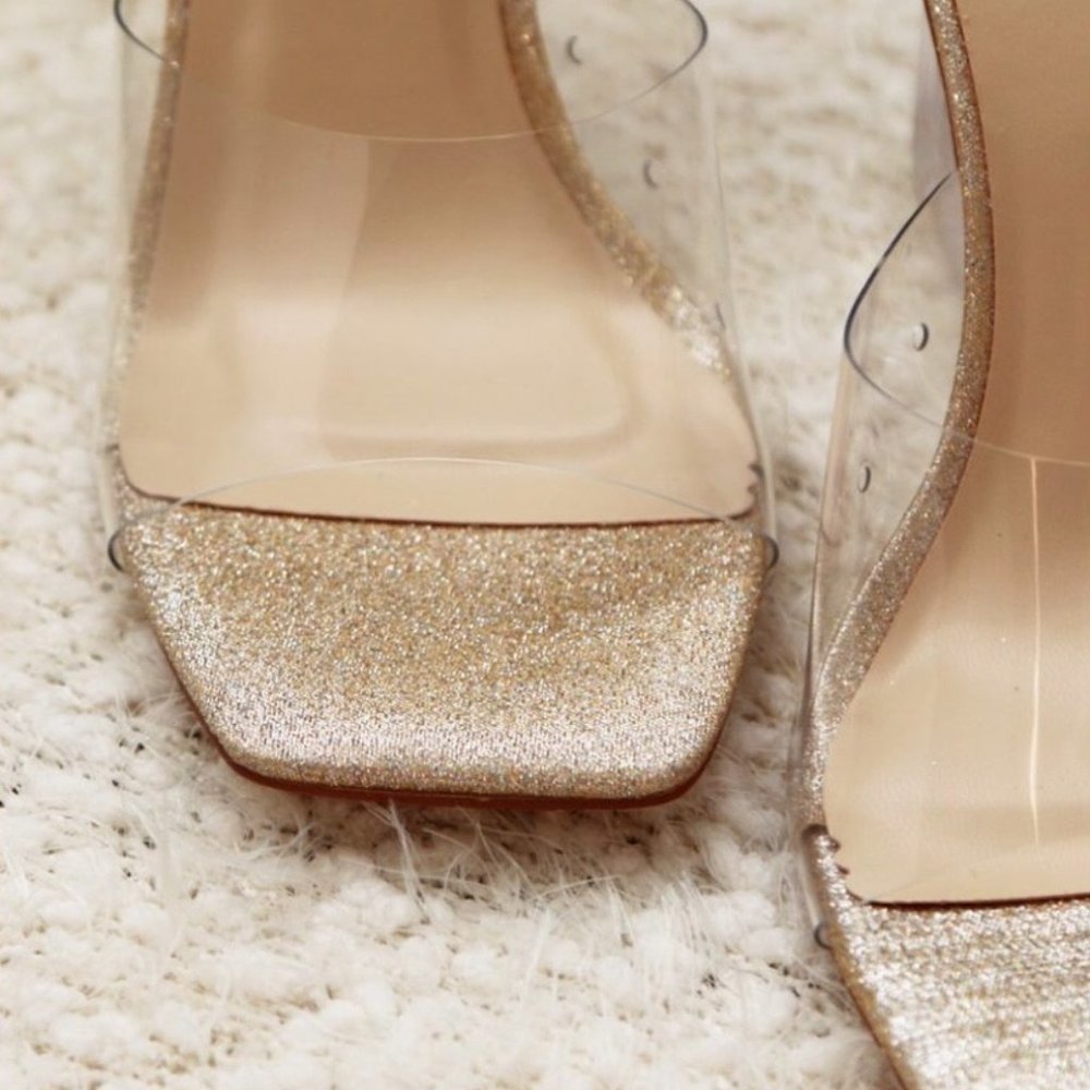 NEW Clear Transparent Wedge Slip On Square Toe Mule Sandal Heels Champagne Gold - Picture 6 of 8